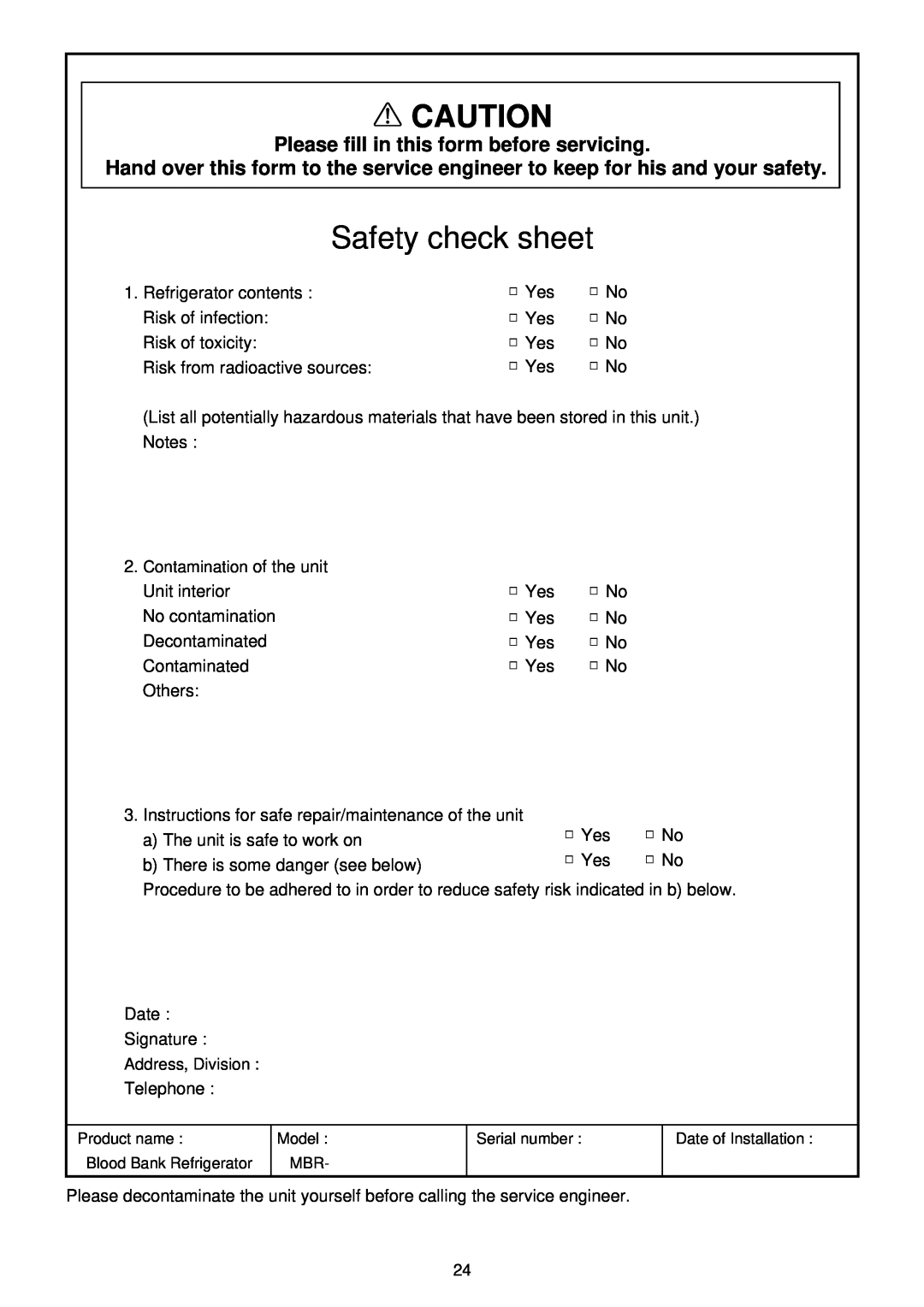 Sanyo MBR-304DR instruction manual Safety check sheet, Please fill in this form before servicing 