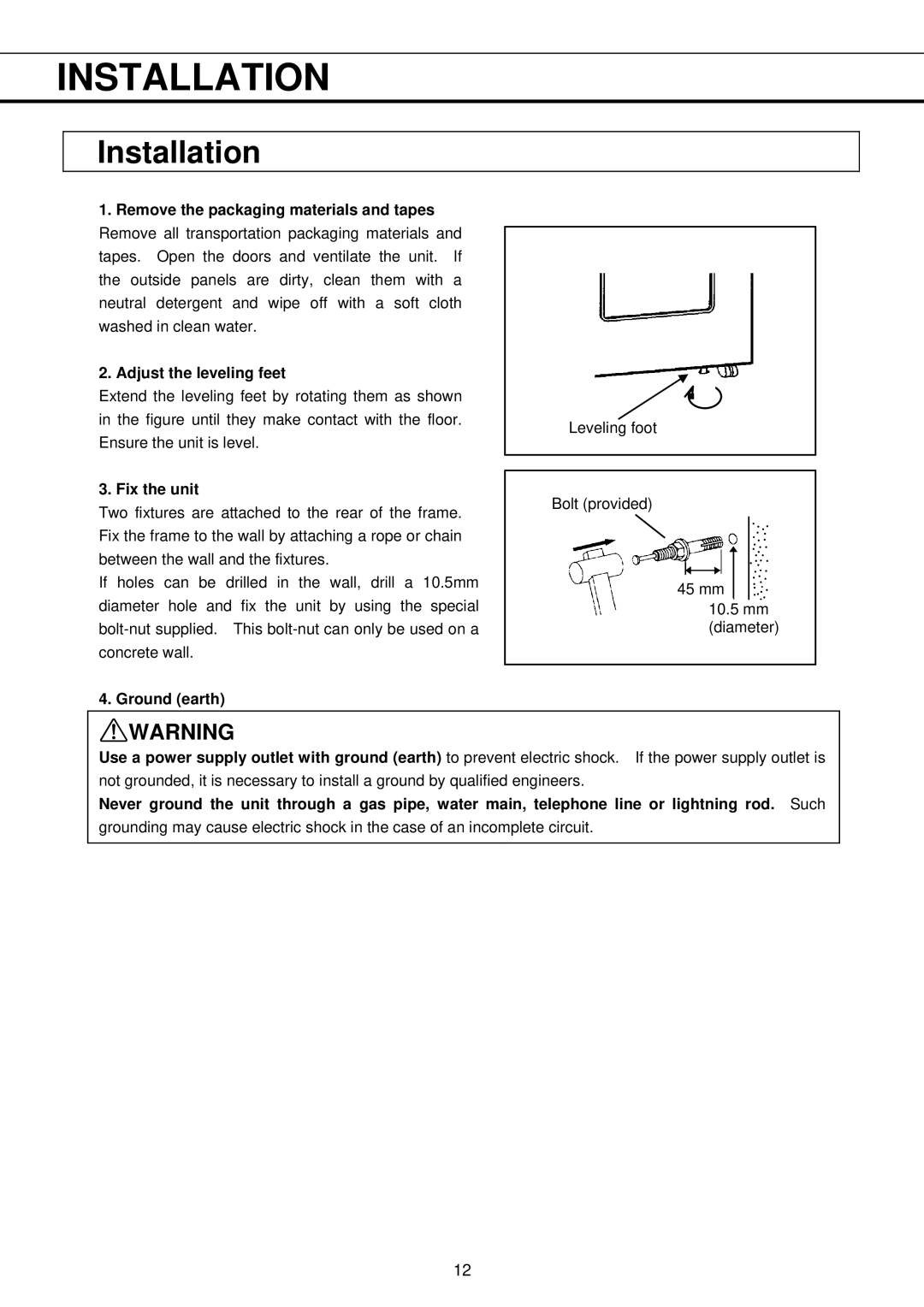 Sanyo MBR-704GR instruction manual Installation, Fix the unit, Ground earth 