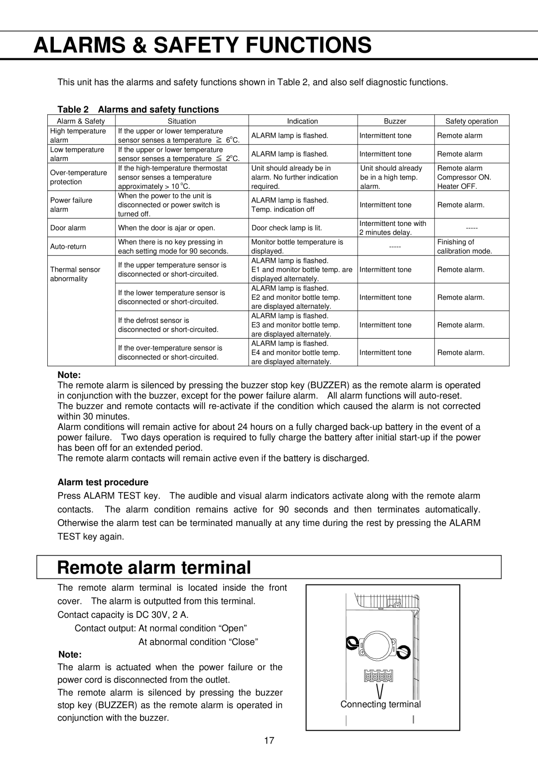 Sanyo MBR-704G Alarms & Safety Functions, Remote alarm terminal, Alarms and safety functions, Alarm test procedure 