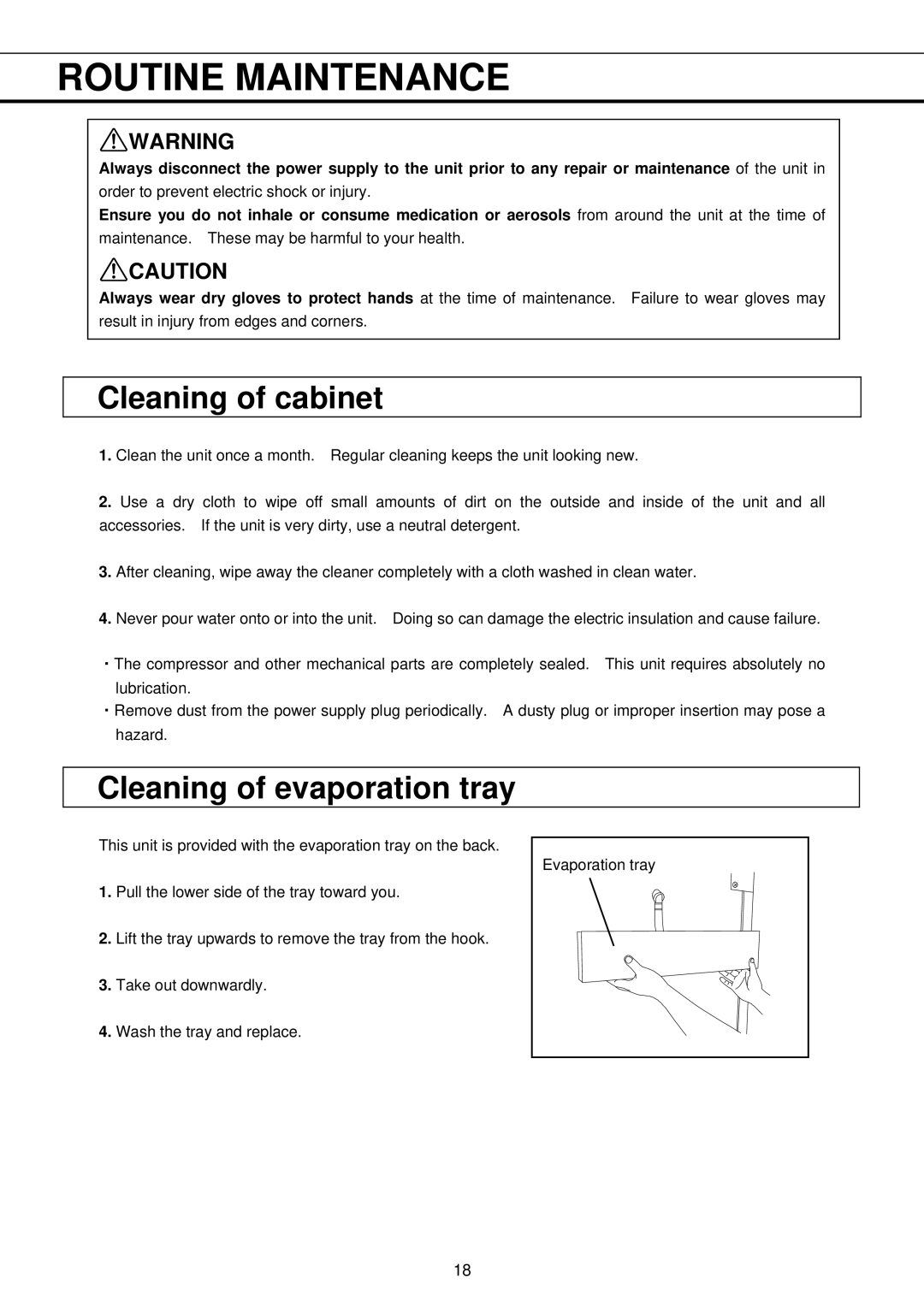 Sanyo MBR-704GR instruction manual Routine Maintenance, Cleaning of cabinet, Cleaning of evaporation tray 