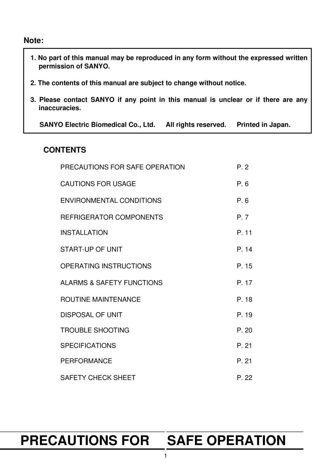 Sanyo MBR-704GR instruction manual Precautions for Safe Operation, Contents 