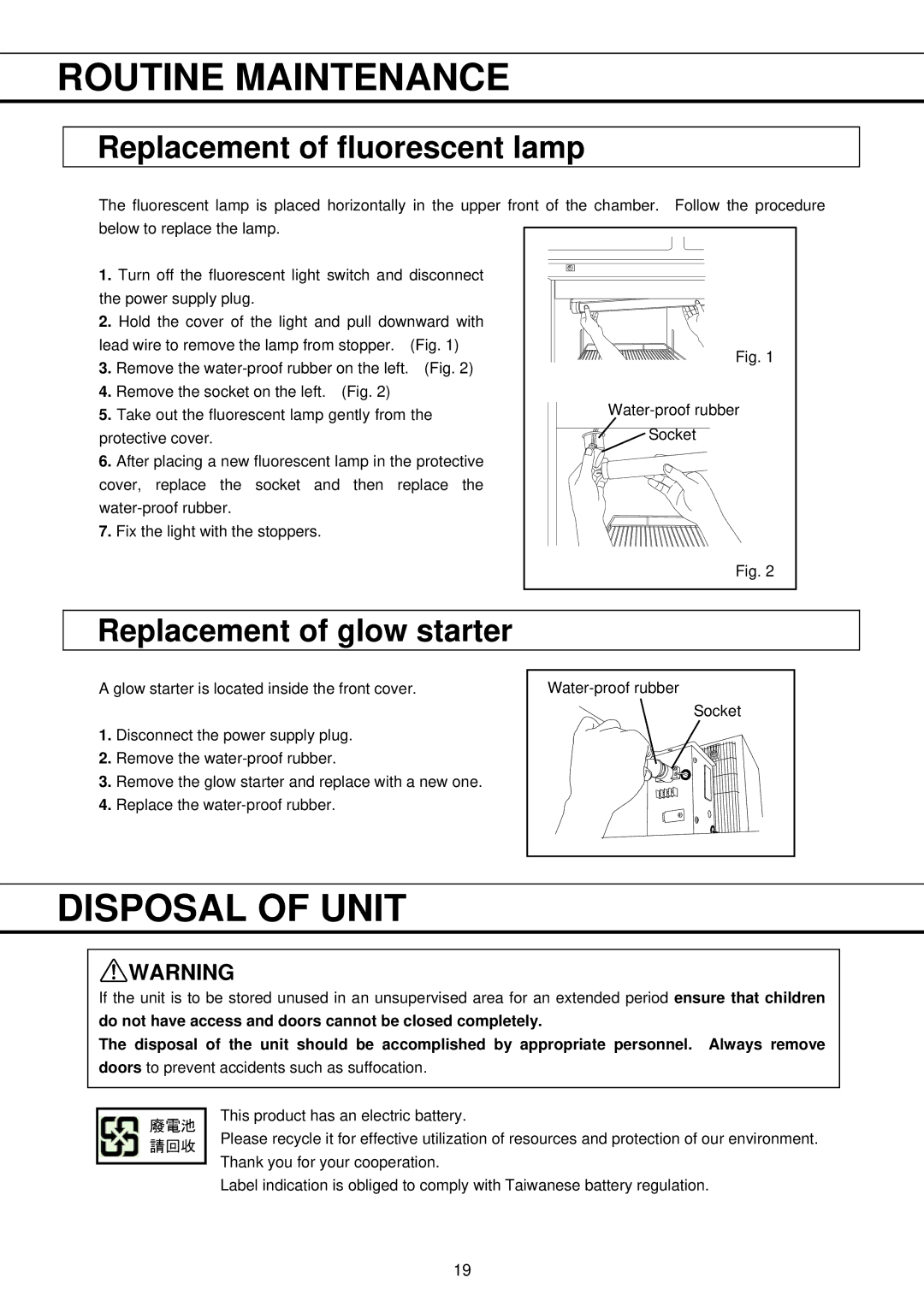 Sanyo MBR-704GR instruction manual Disposal of Unit, Replacement of fluorescent lamp, Replacement of glow starter 