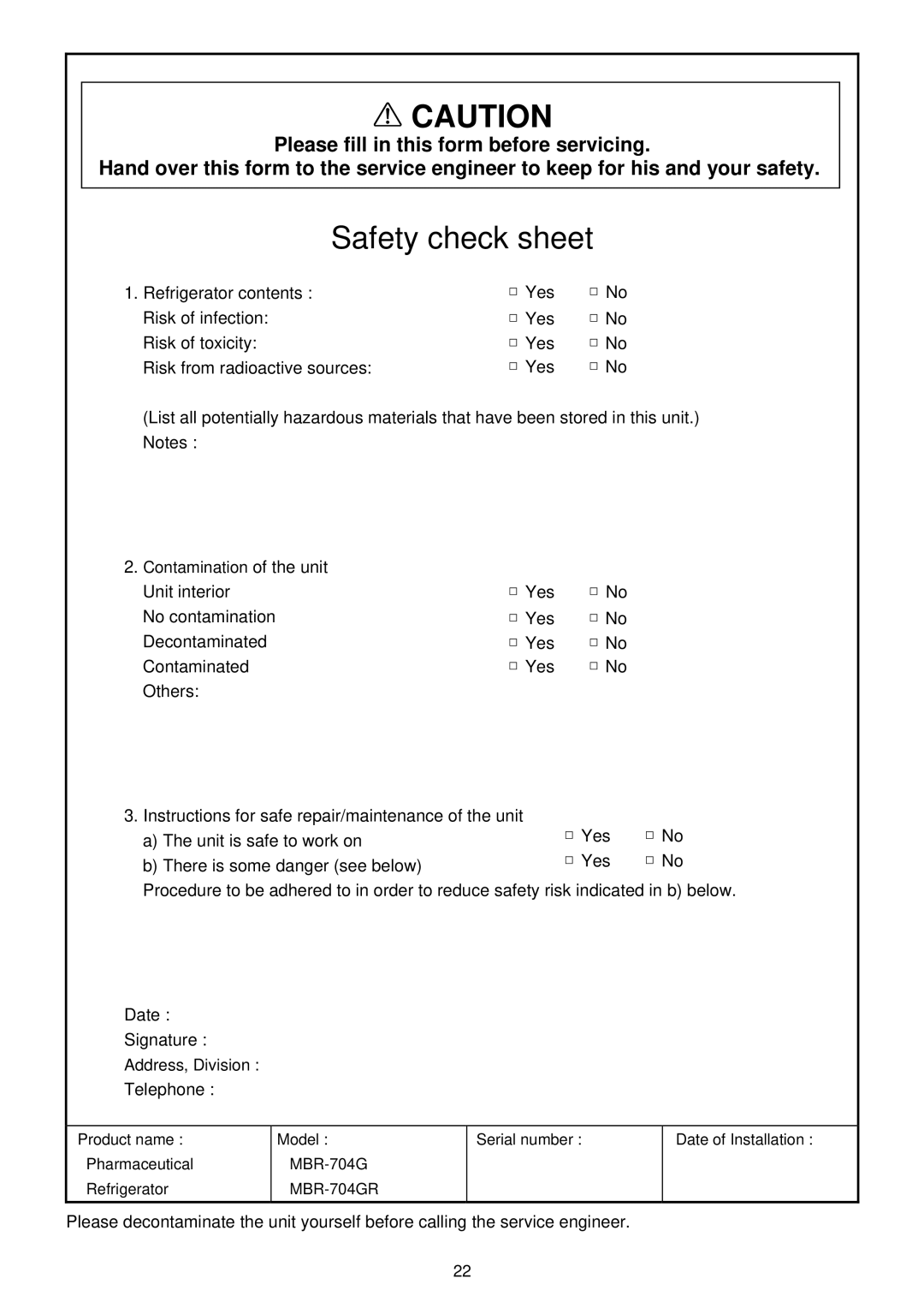 Sanyo MBR-704GR instruction manual Safety check sheet 