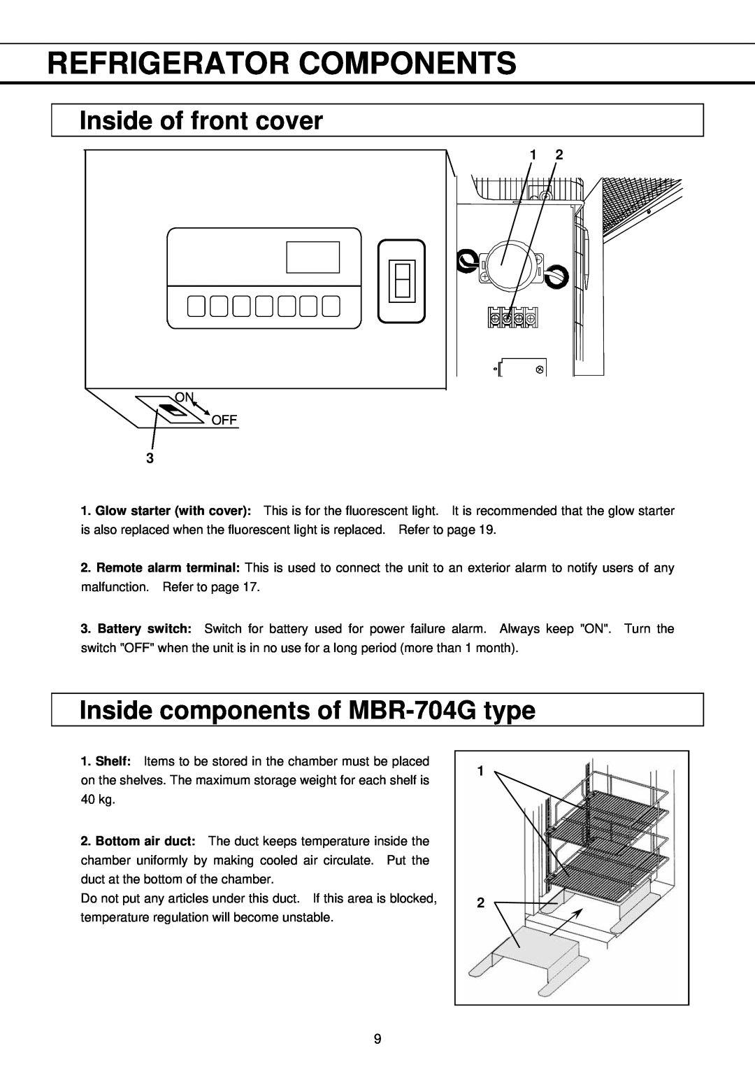 Sanyo MBR-704GR instruction manual Inside of front cover, Inside components of MBR-704Gtype, Refrigerator Components 