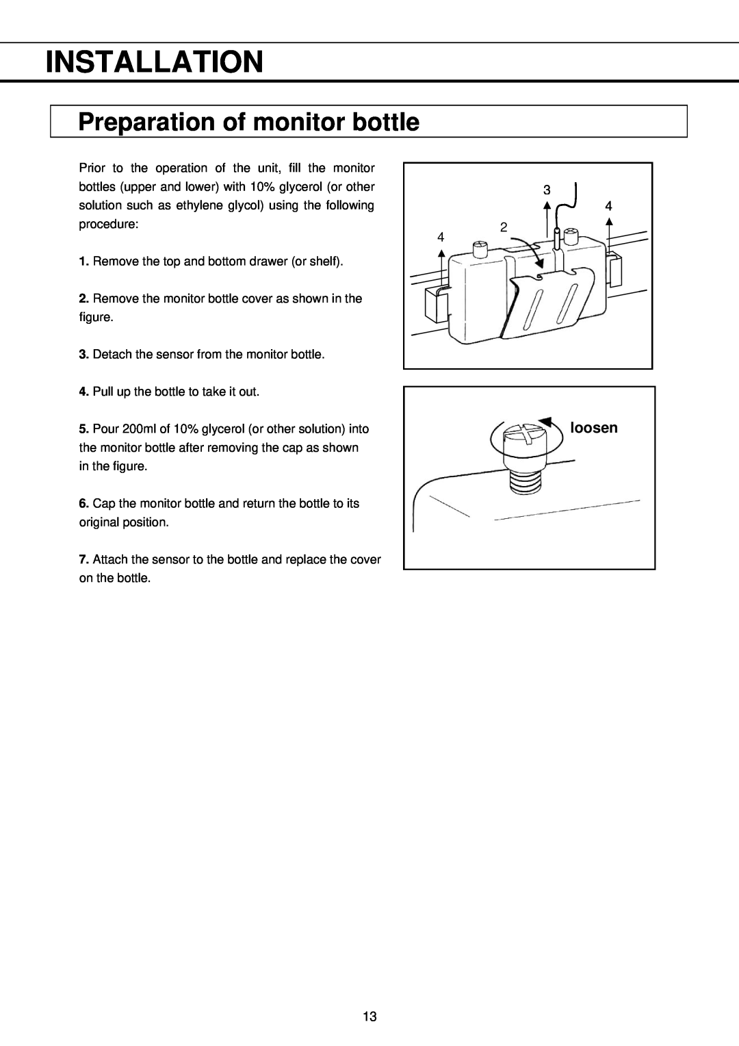 Sanyo MBR-704GR instruction manual Preparation of monitor bottle, Installation, loosen, 3 4 2 