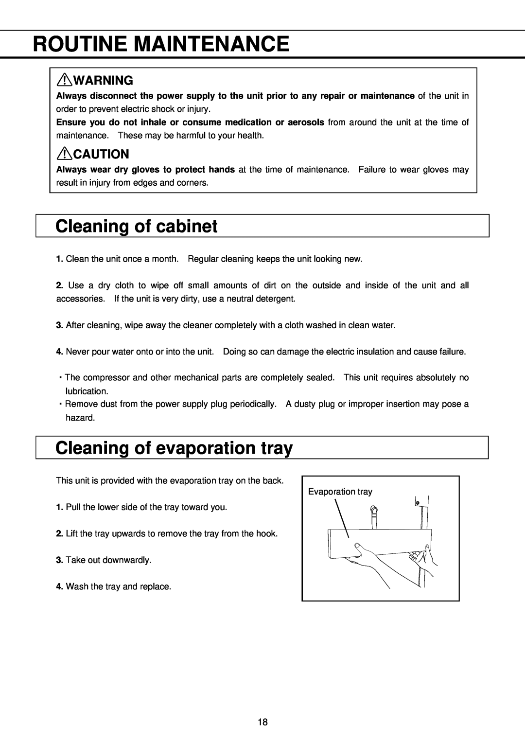 Sanyo MBR-704GR instruction manual Routine Maintenance, Cleaning of cabinet, Cleaning of evaporation tray 