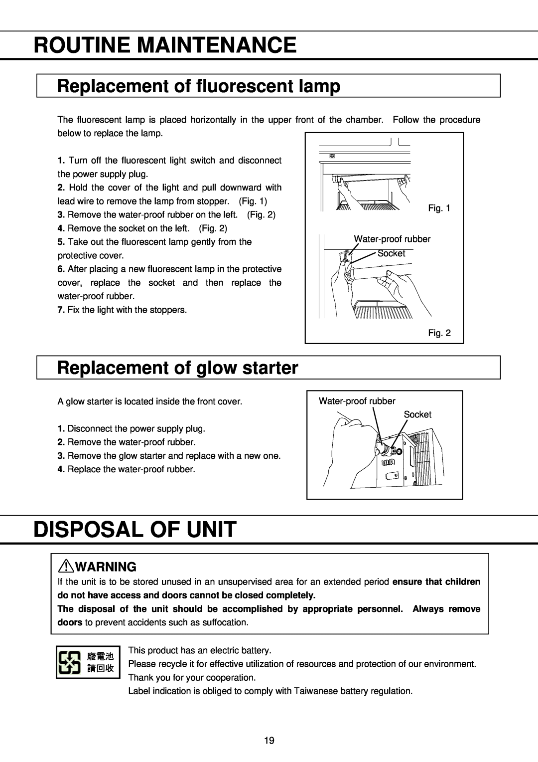 Sanyo MBR-704G Disposal Of Unit, Replacement of fluorescent lamp, Replacement of glow starter, Routine Maintenance 