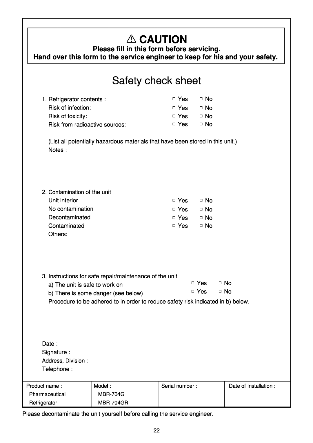 Sanyo MBR-704GR instruction manual Safety check sheet, Please fill in this form before servicing 