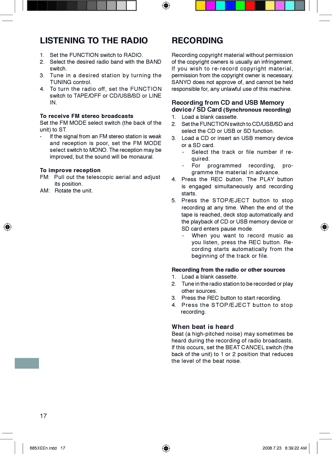 Sanyo MCD-UB685M instruction manual Listening to the Radio, Recording, When beat is heard 