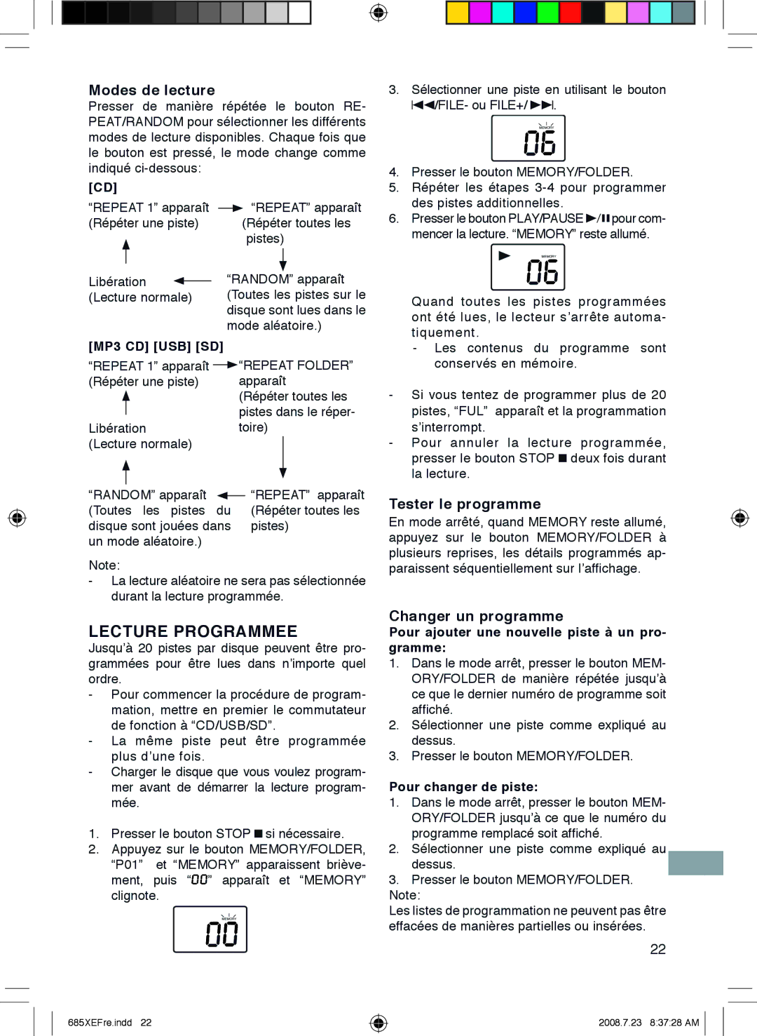 Sanyo MCD-UB685M instruction manual Modes de lecture, Tester le programme, Changer un programme, Pour changer de piste 