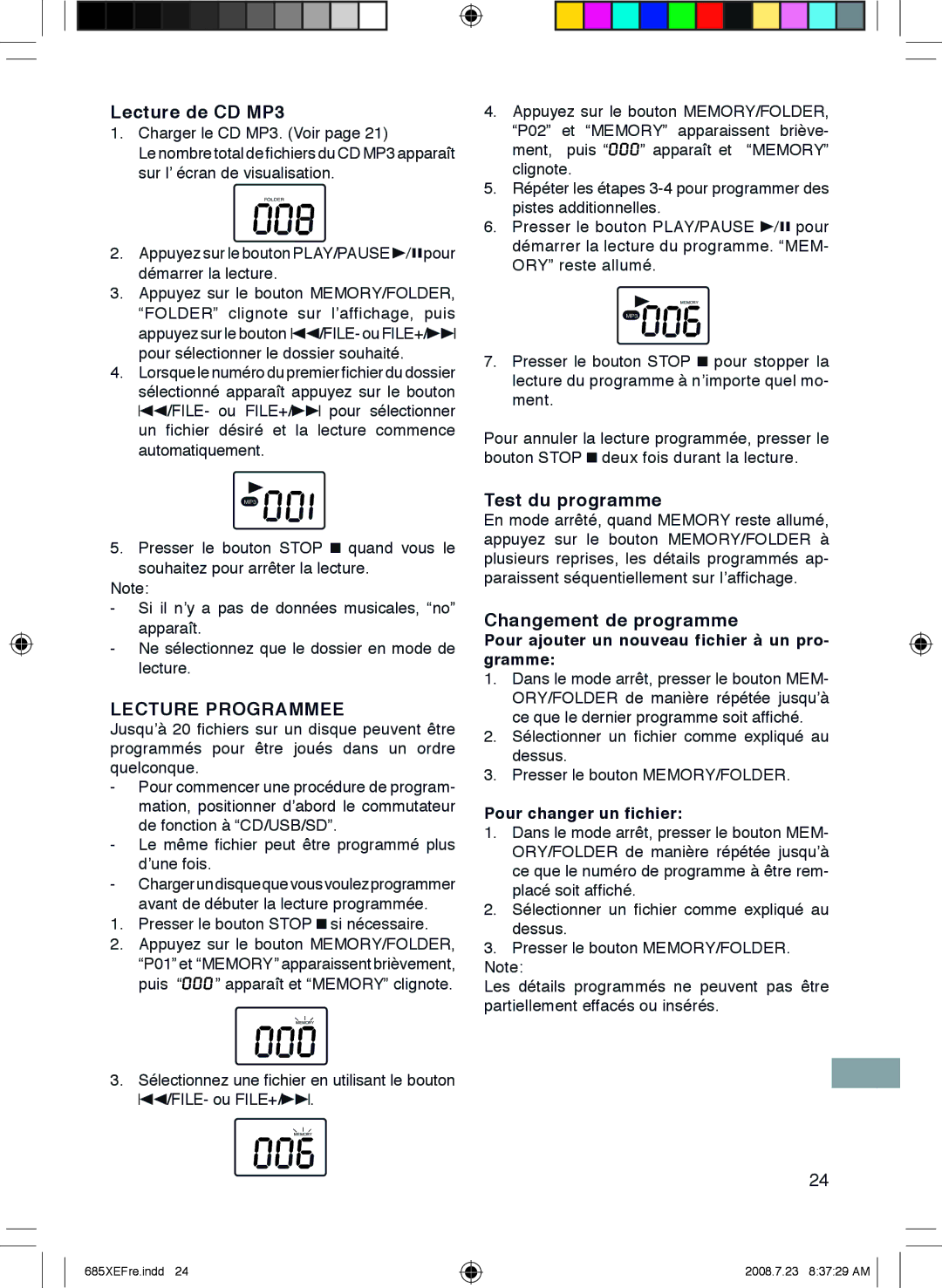 Sanyo MCD-UB685M instruction manual Lecture de CD MP3, Test du programme, Changement de programme, Pour changer un fichier 