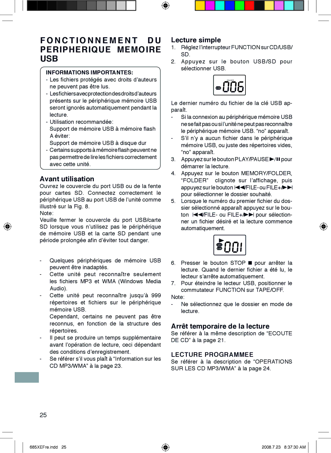 Sanyo MCD-UB685M instruction manual N C T I O N N E M E N T D U Peripherique Memoire USB, Avant utilisation, Lecture simple 