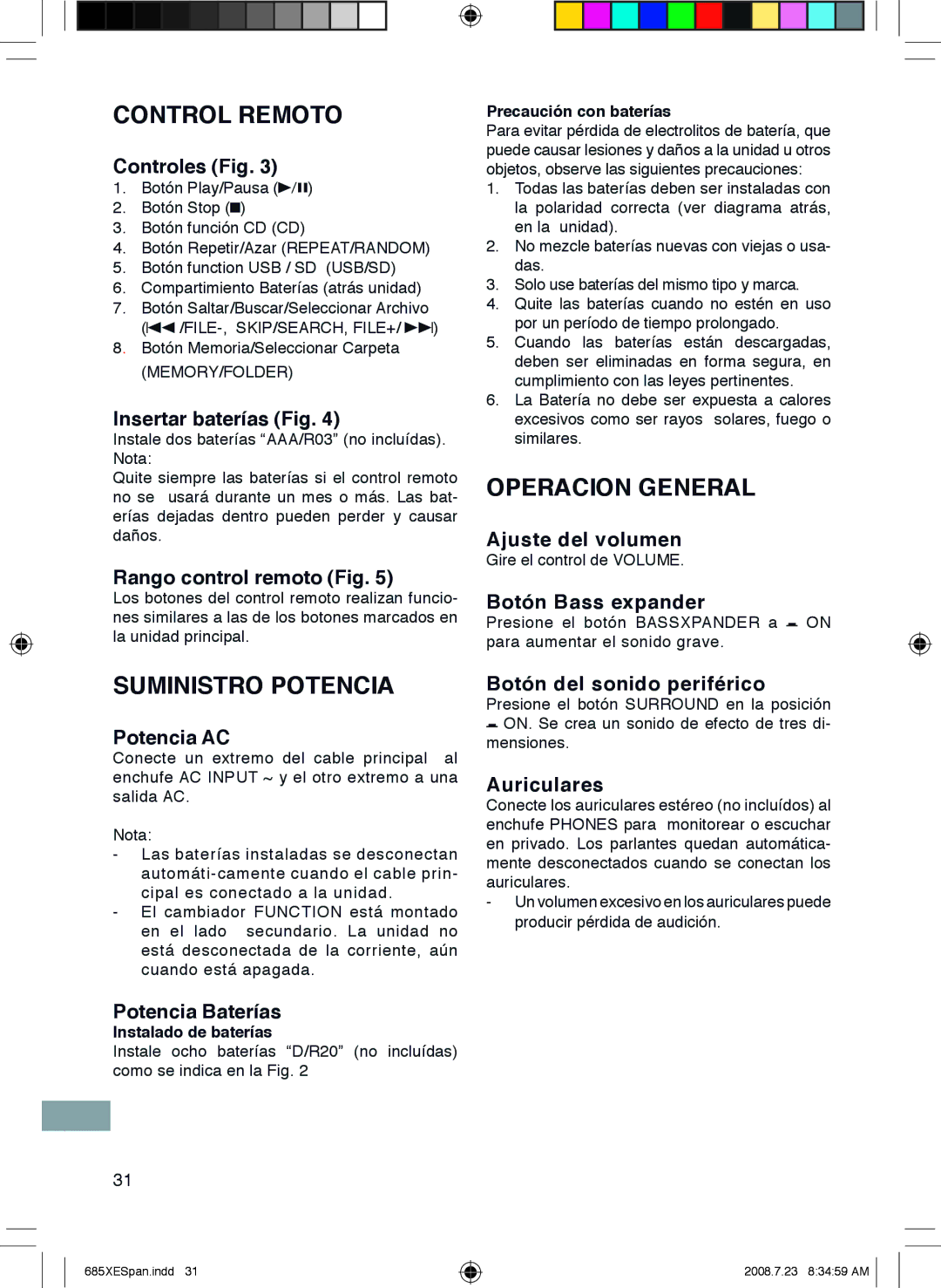 Sanyo MCD-UB685M instruction manual Control Remoto, Operacion General, Suministro Potencia 