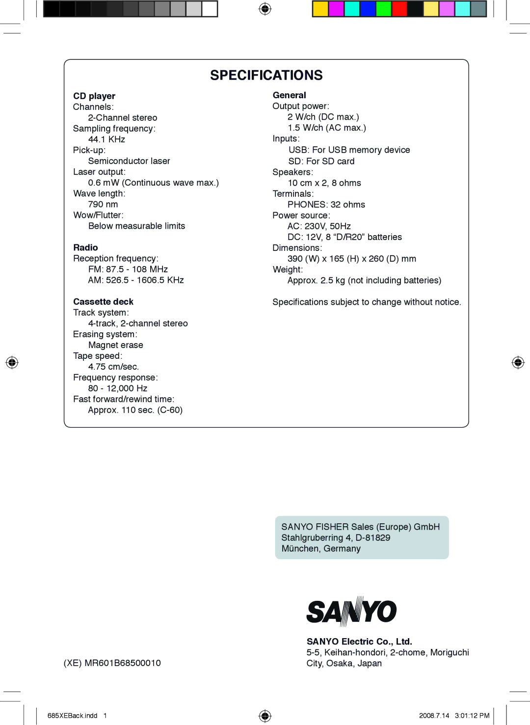 Sanyo MCD-UB685M instruction manual Specifications, CD player General, Radio, Cassette deck 