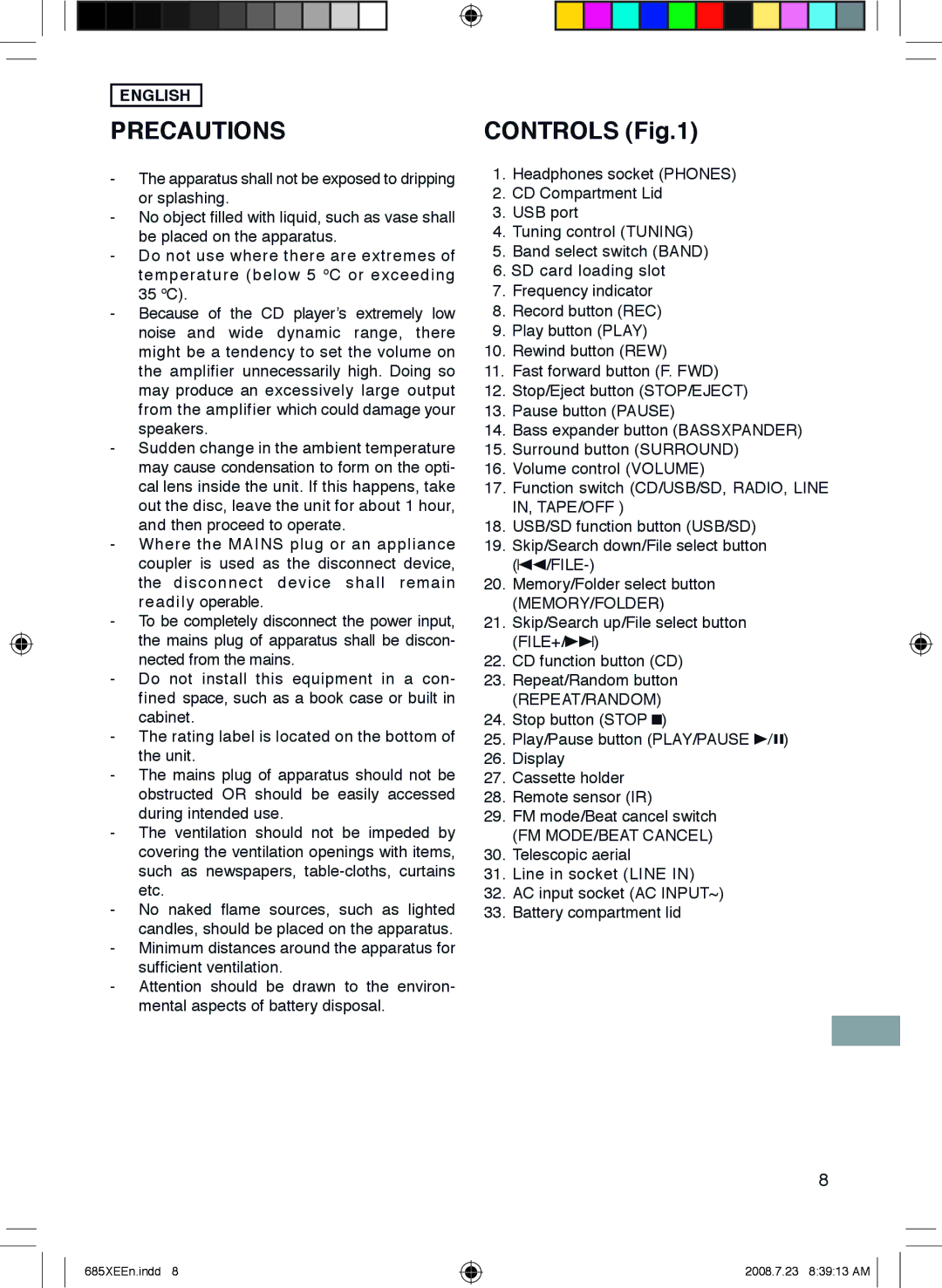 Sanyo MCD-UB685M instruction manual Precautions, FM MODE/BEAT Cancel 