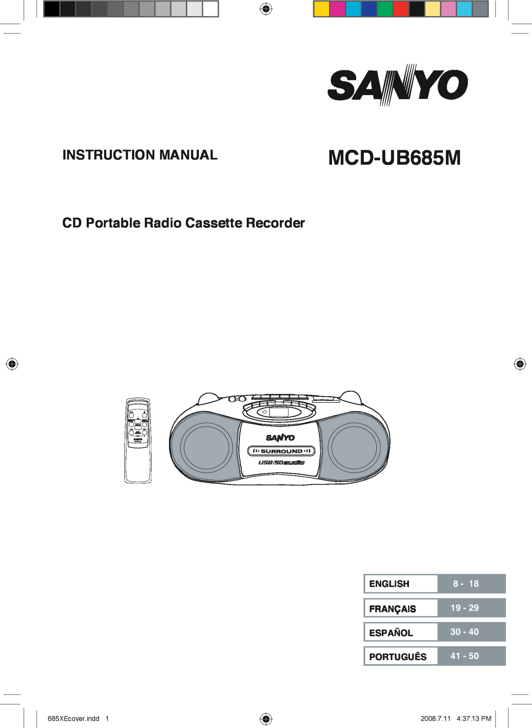 Sanyo MCD-UB685M instruction manual CD Portable Radio Cassette Recorder, English, Français, Español, Português 