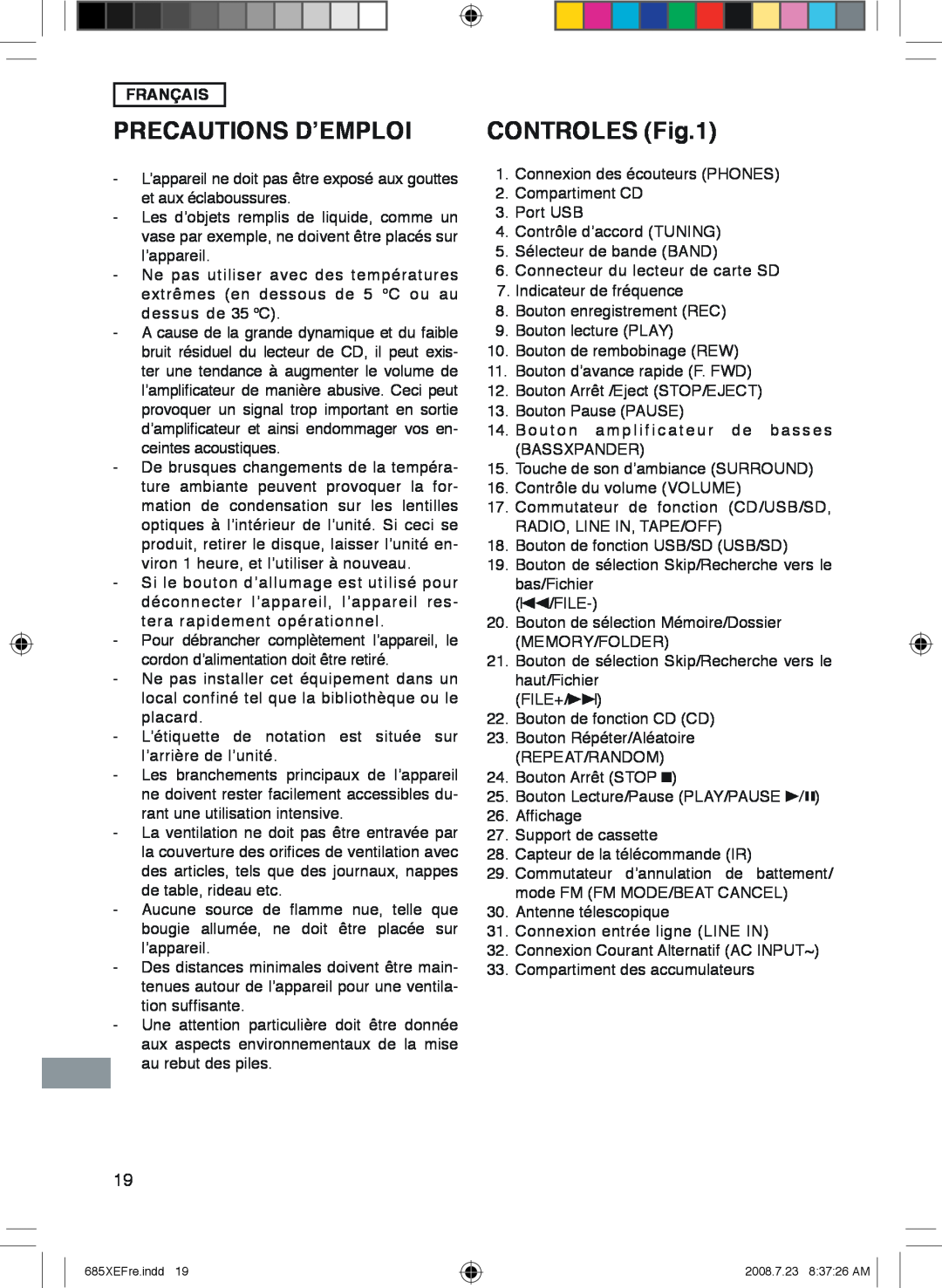 Sanyo MCD-UB685M instruction manual Precautions Dʼemploi, Controles, Français 
