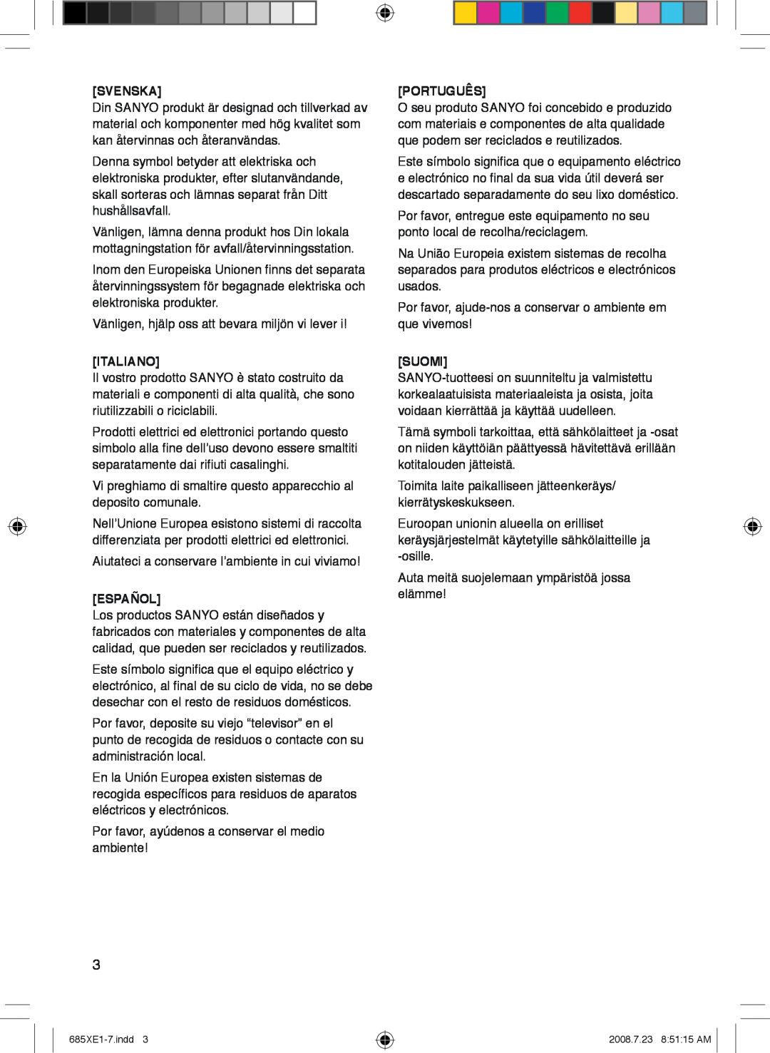 Sanyo MCD-UB685M instruction manual Svenska, Italiano, Suomi, Español, Português 