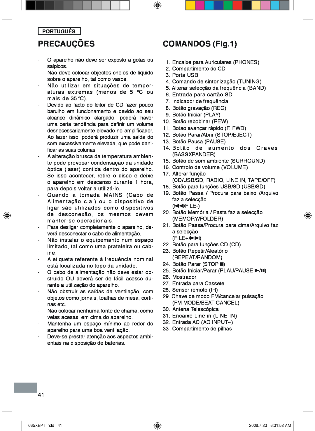 Sanyo MCD-UB685M instruction manual Precauções, Comandos, Português 