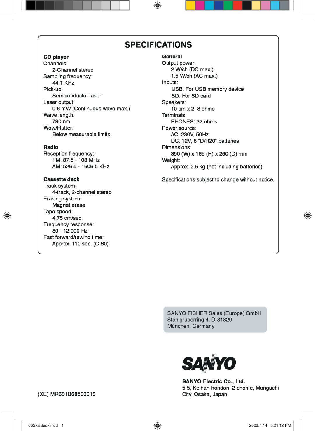 Sanyo MCD-UB685M instruction manual Specifications, CD player, General, Radio, Cassette deck 