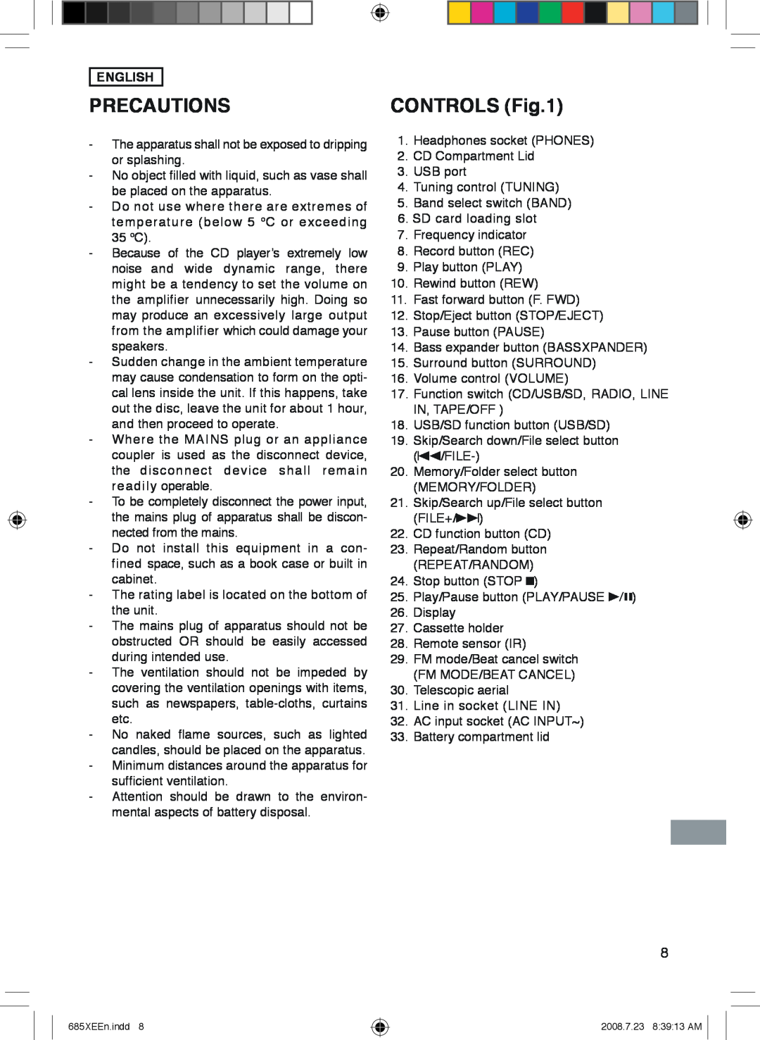 Sanyo MCD-UB685M instruction manual Precautions, Controls, English 