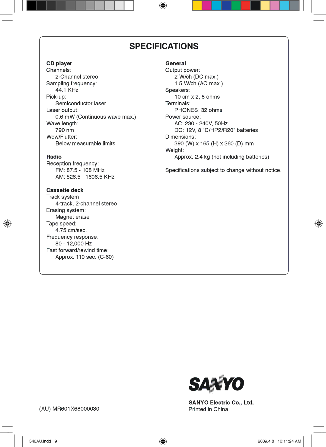 Sanyo MCD-ZX541F, MCD-ZX540F instruction manual Specifications, CD player General, Radio, Cassette deck 