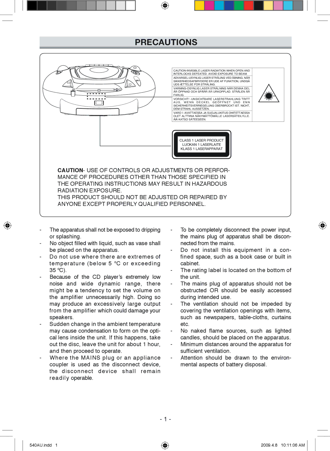 Sanyo MCD-ZX541F, MCD-ZX540F instruction manual Precautions 