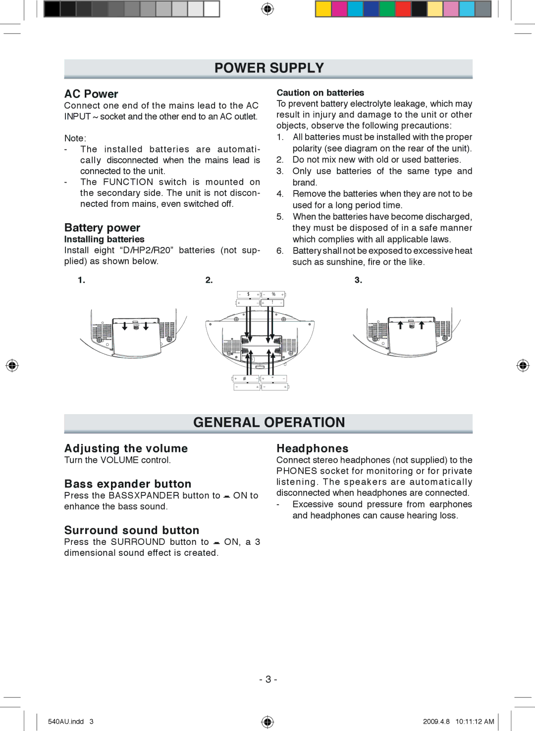 Sanyo MCD-ZX541F, MCD-ZX540F instruction manual Power Supply, General Operation, Installing batteries 