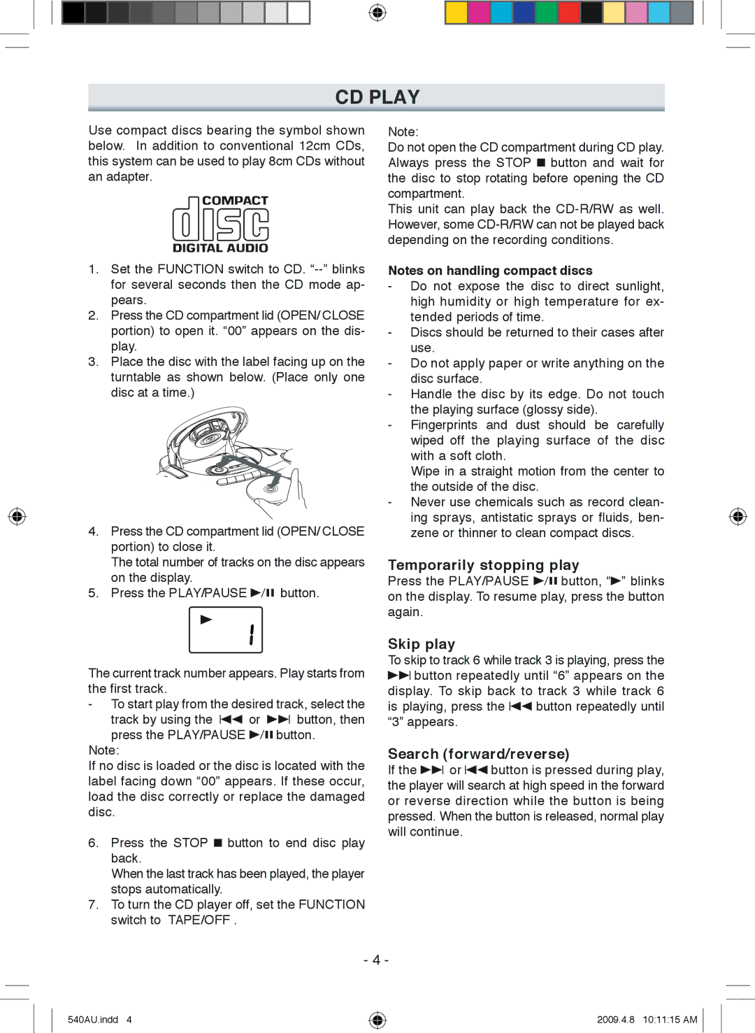 Sanyo MCD-ZX540F, MCD-ZX541F instruction manual CD Play, Temporarily stopping play, Skip play, Search forward/reverse 