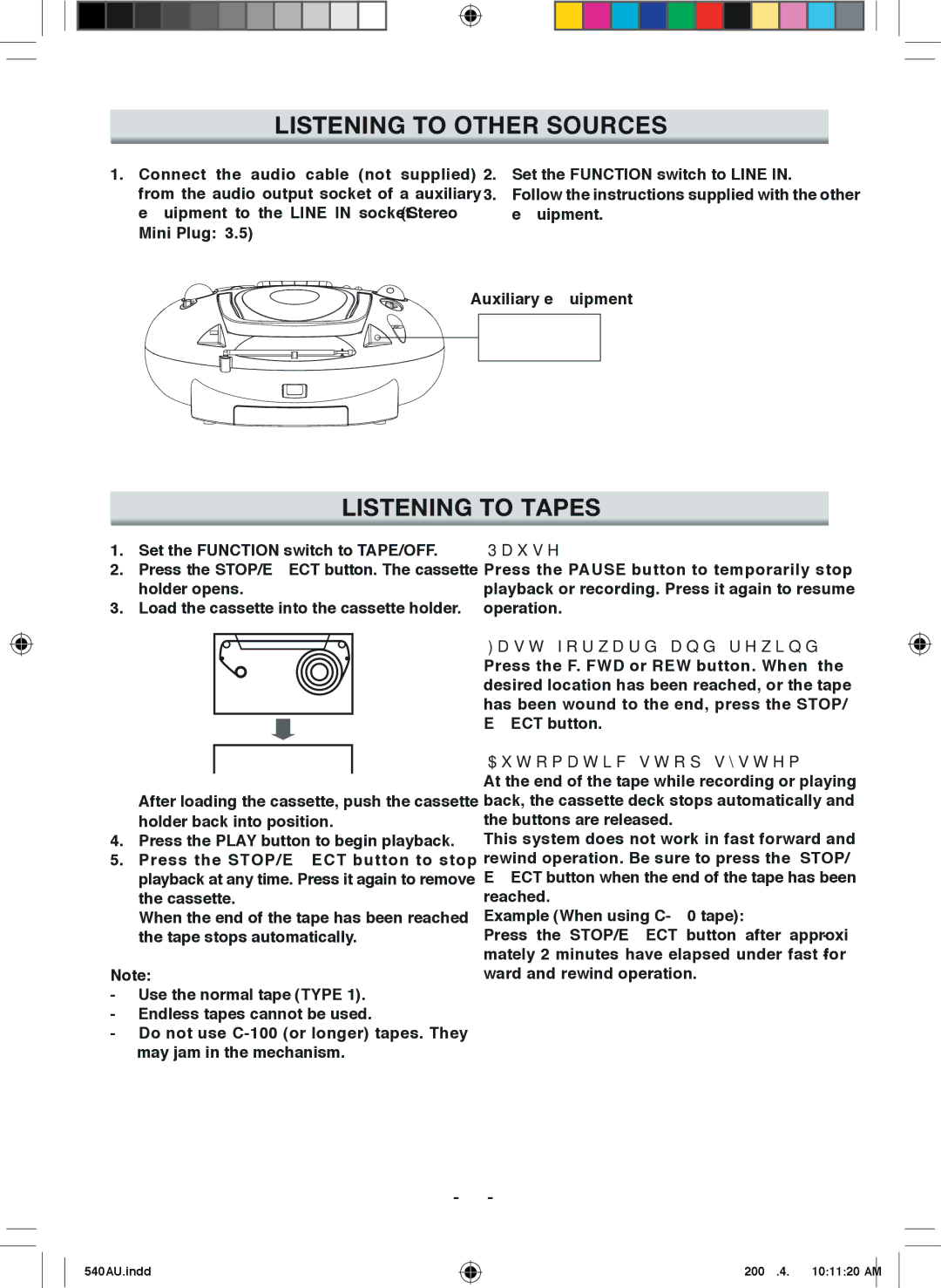 Sanyo MCD-ZX540F Listening to Other Sources, Listening to Tapes, Pause, Fast forward and rewind, Automatic stop system 