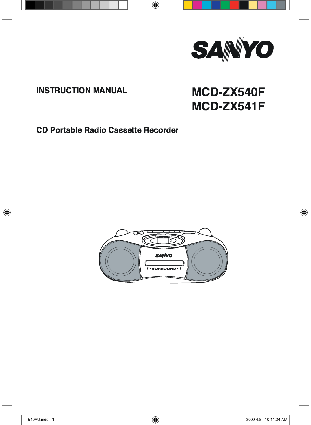 Sanyo instruction manual CD Portable Radio Cassette Recorder, MCD-ZX540F MCD-ZX541F, 540AU.indd, 2009.4.8 10 11 04 AM 
