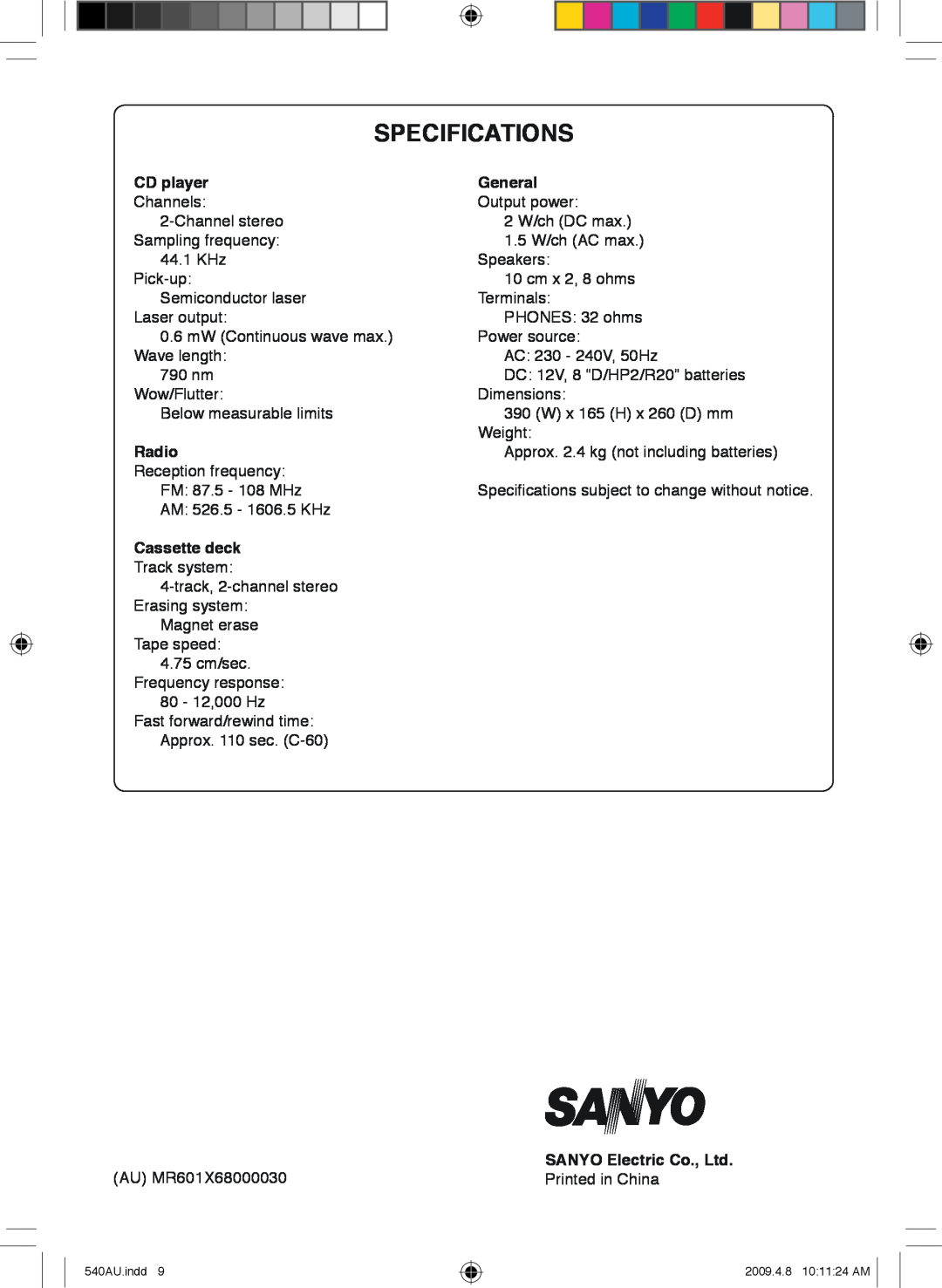 Sanyo MCD-ZX541F, MCD-ZX540F instruction manual Specifications, CD player, General, Radio, Cassette deck 