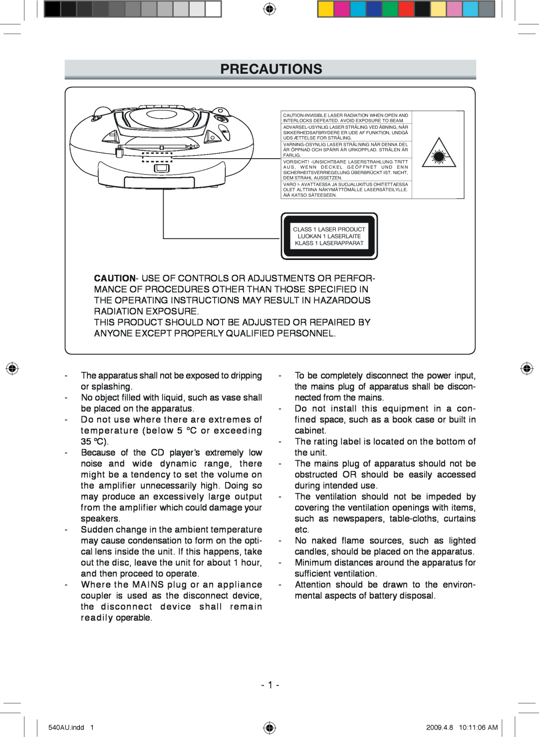 Sanyo MCD-ZX541F, MCD-ZX540F instruction manual Precautions, 540AU.indd, 2009.4.8 10 11 06 AM 