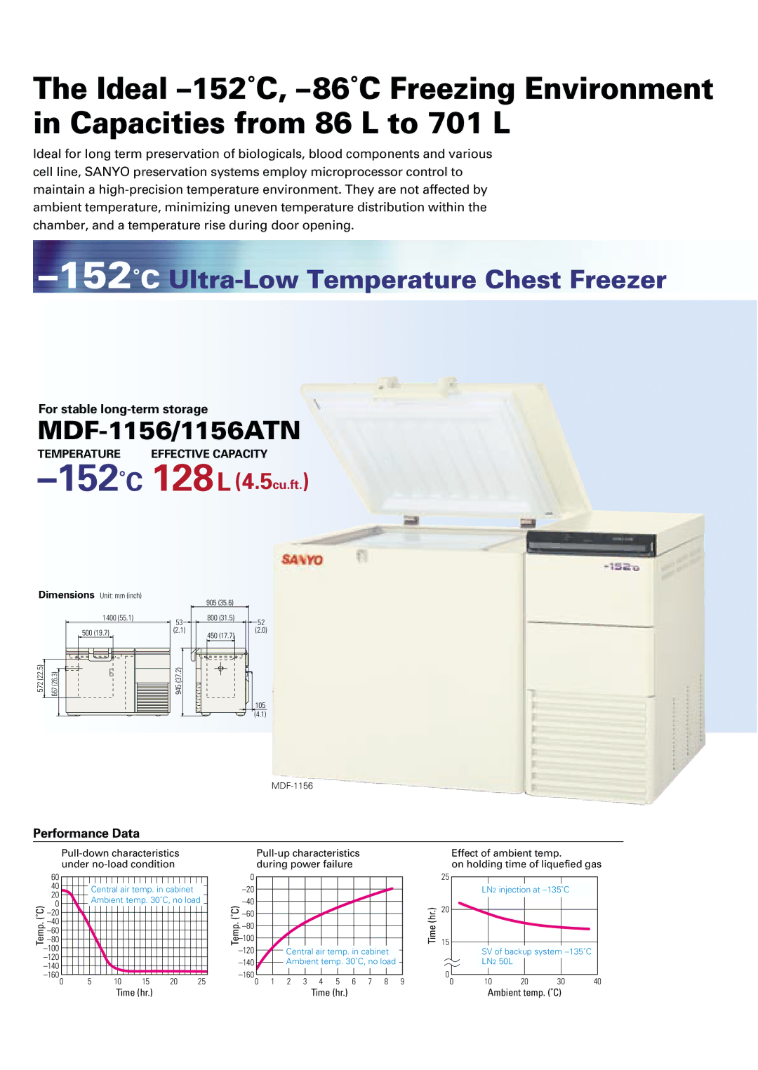 Sanyo MDF-1156ATN manual 152˚CUltra-Low Temperature Chest Freezer, MDF-1156/1156ATN, For stable long-term storage 