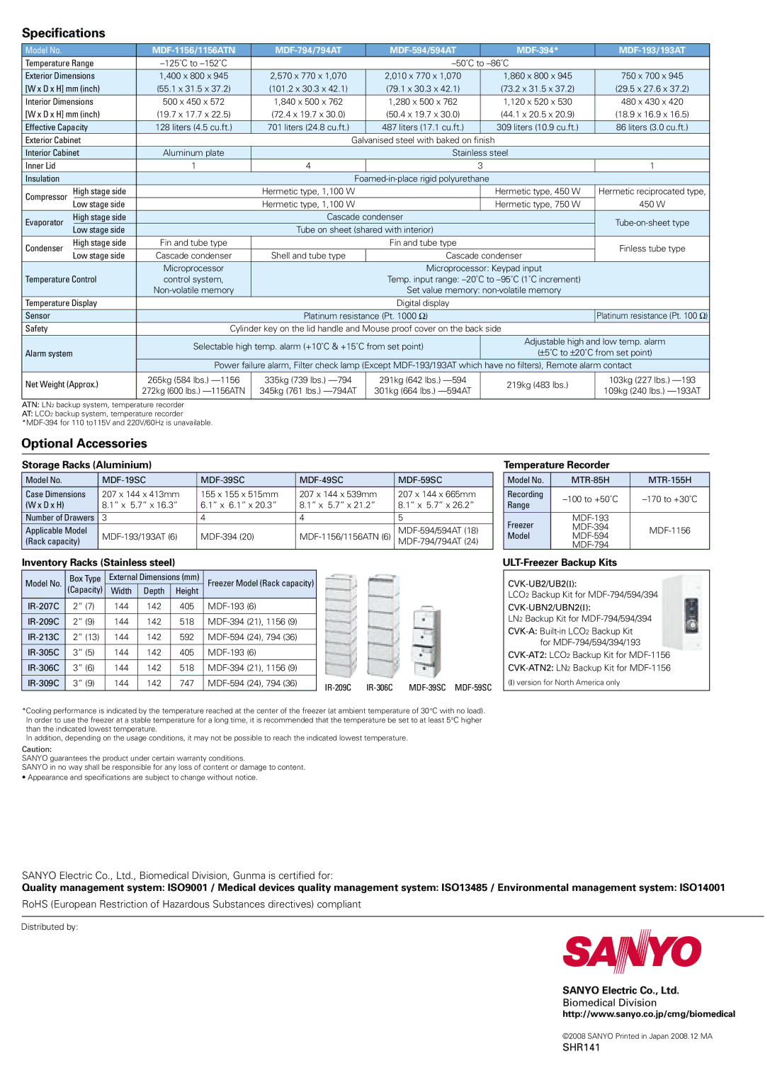 Sanyo MDF-1156ATN manual Specifications, Optional Accessories 