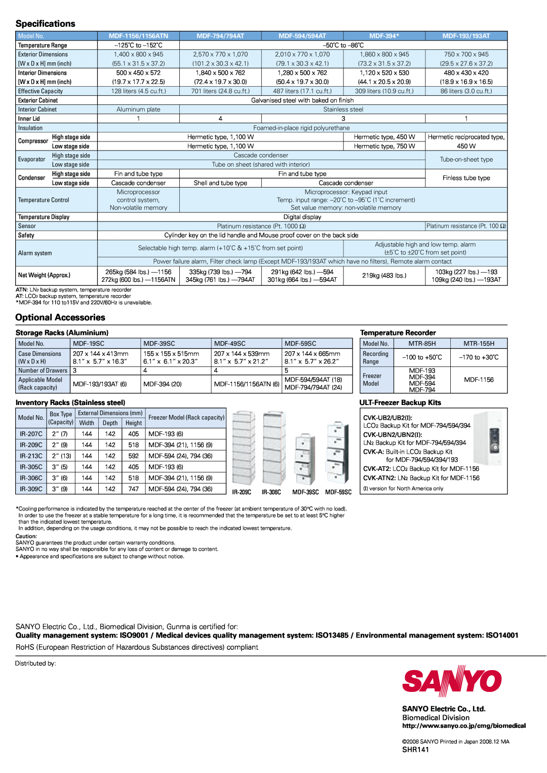 Sanyo MDF-1156ATN Specifications, Optional Accessories, Storage Racks Aluminium, Inventory Racks Stainless steel, SHR141 