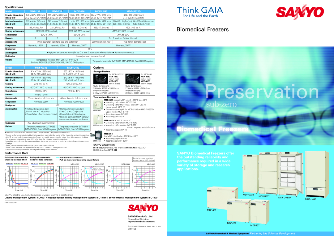 Sanyo MDF-137 specifications Biomedical Freezers, variety of storage and research applications, Speciﬁcations, Options 