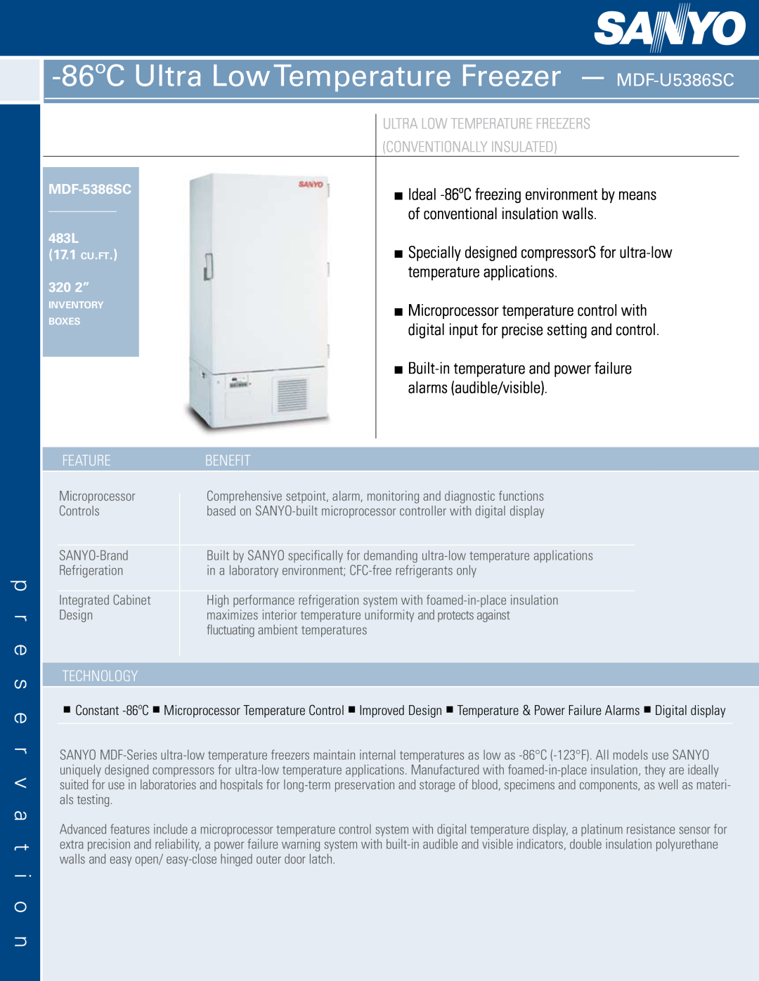 Sanyo MDF-5386SC manual p r e s e r v a t i o n, 86ºCUltra LowTemperature Freezer - MDF-U5386SC 