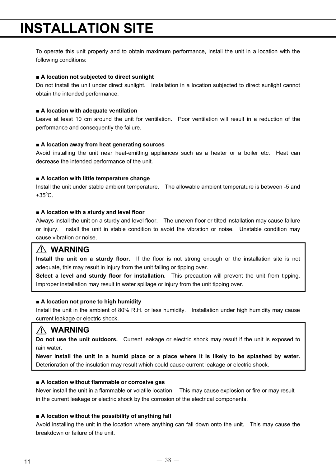 Sanyo MDF-594C instruction manual Installation Site 