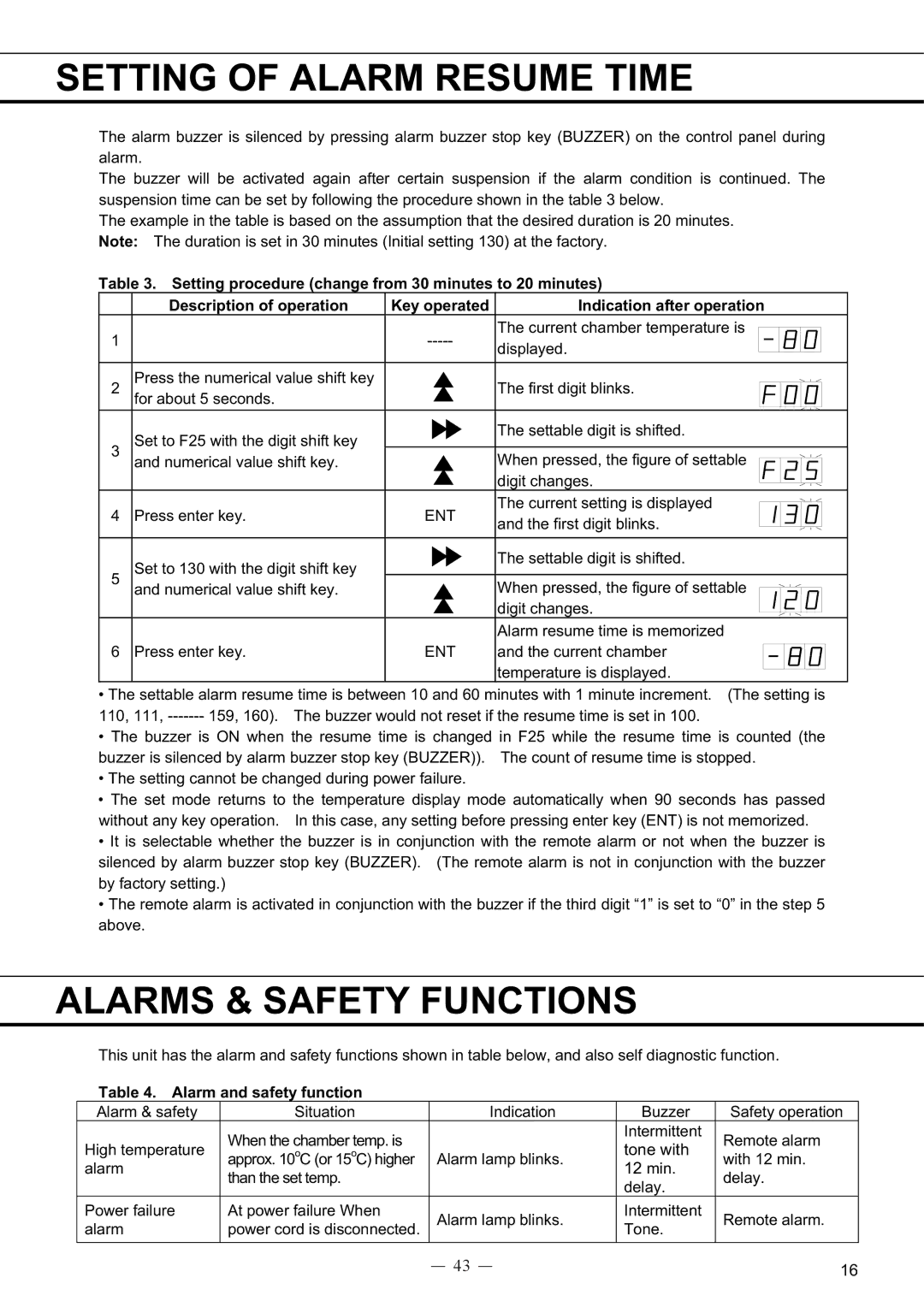 Sanyo MDF-594C instruction manual Setting of Alarm Resume Time, Alarms & Safety Functions, Alarm and safety function 