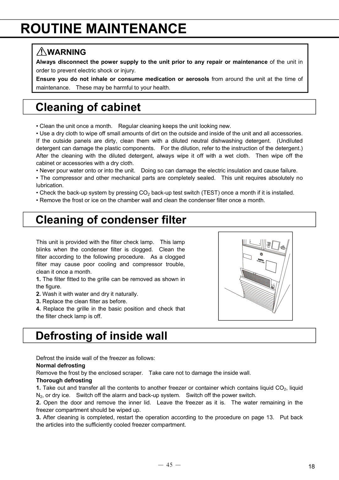 Sanyo MDF-594C instruction manual Routine Maintenance, Normal defrosting, Thorough defrosting 