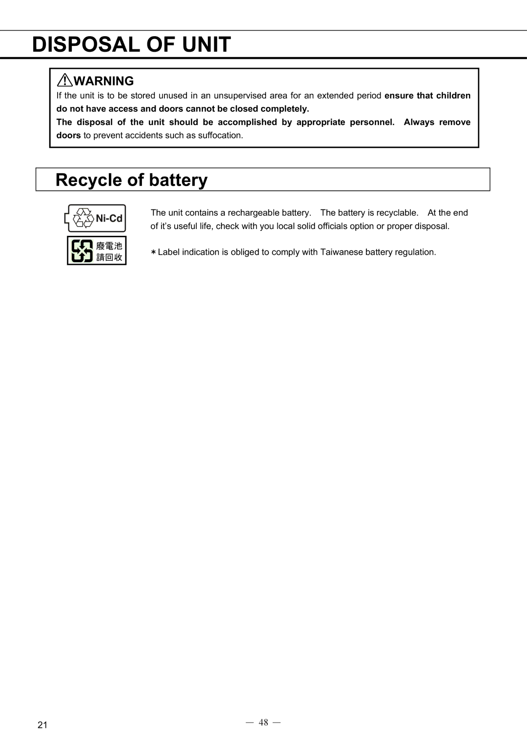 Sanyo MDF-594C instruction manual Disposal of Unit, Recycle of battery 