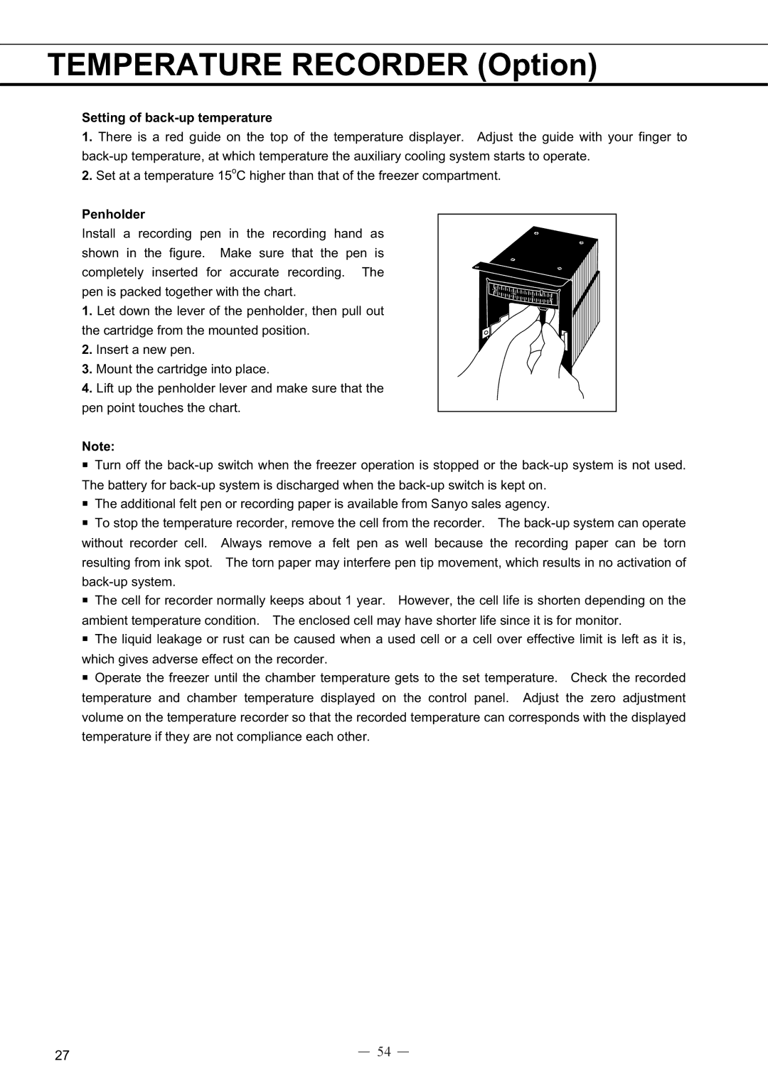 Sanyo MDF-594C instruction manual Setting of back-up temperature, Penholder 