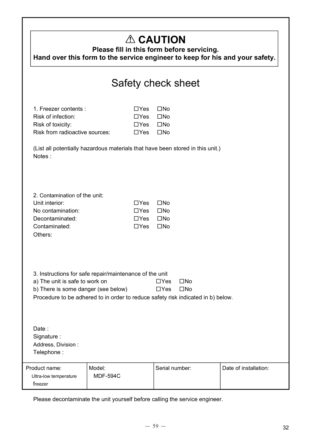 Sanyo MDF-594C instruction manual Safety check sheet 