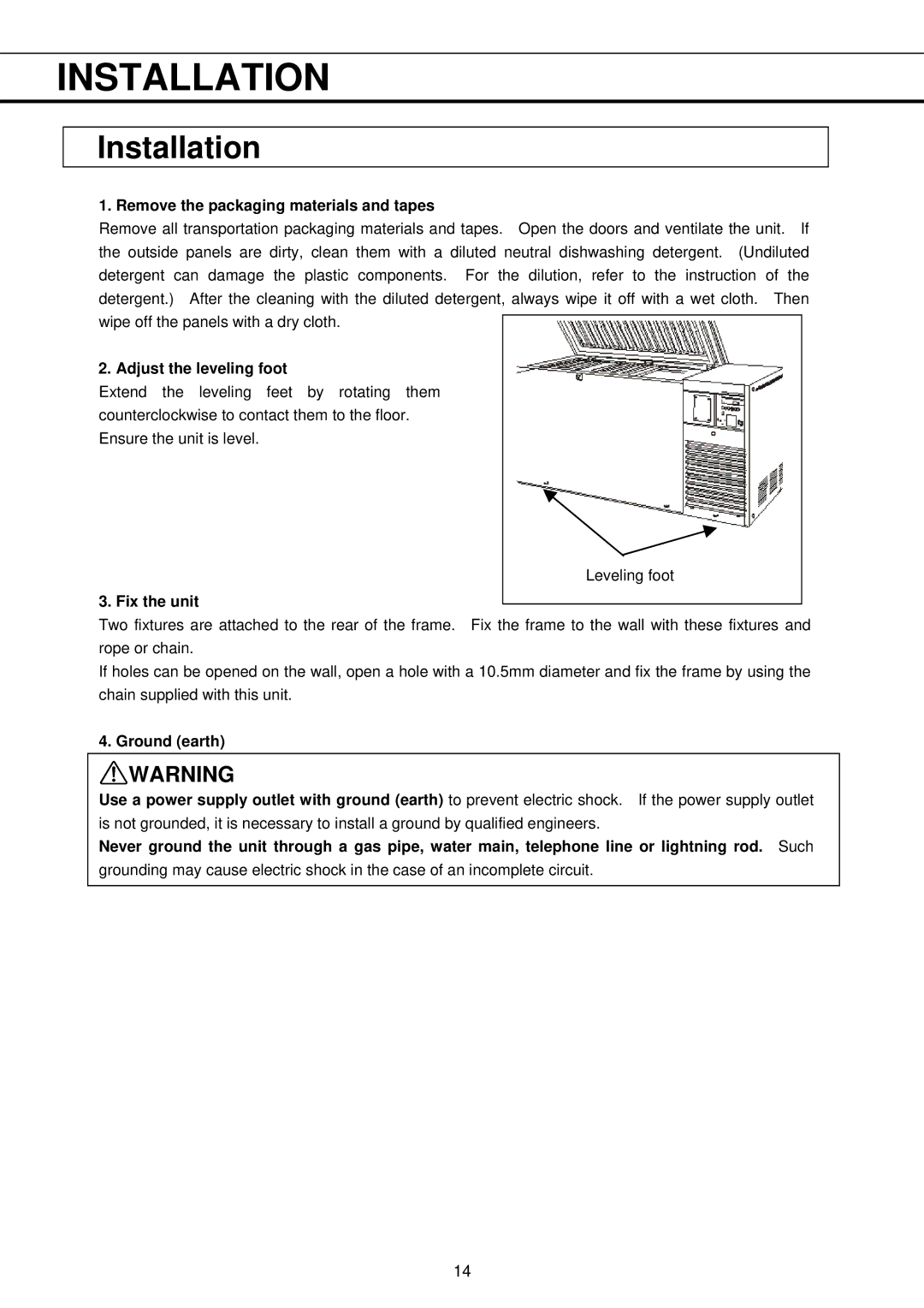 Sanyo MDF-593 Installation, Remove the packaging materials and tapes, Adjust the leveling foot, Fix the unit, Ground earth 