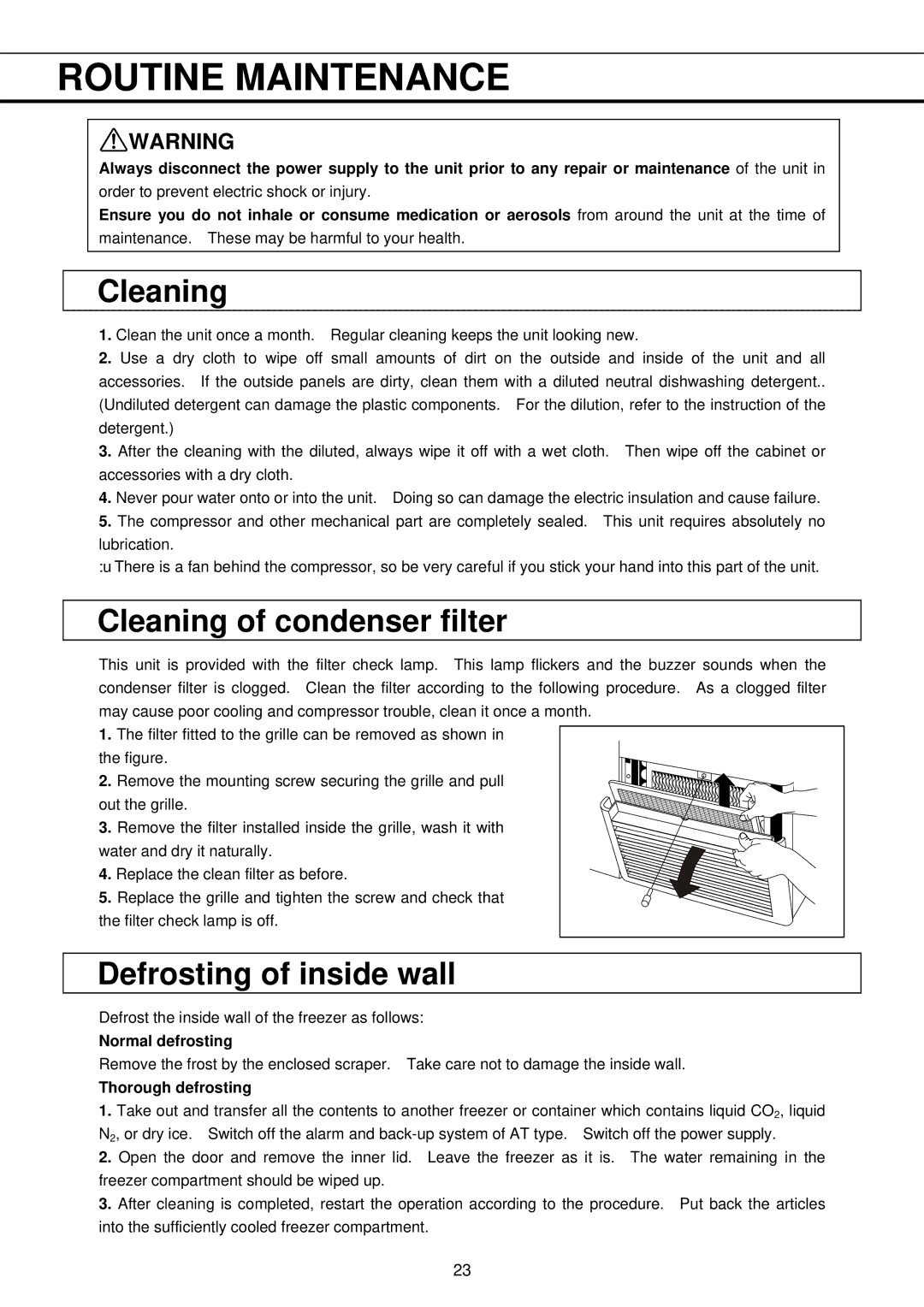 Sanyo MDF-793AT, MDF-593AT Routine Maintenance, Cleaning of condenser filter, Defrosting of inside wall 