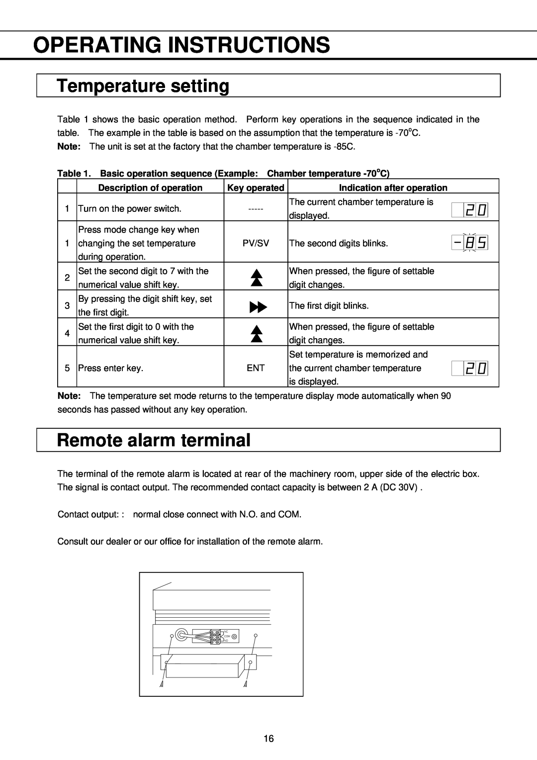 Sanyo MDF-793 Operating Instructions, Temperature setting, Remote alarm terminal, Description of operation, Key operated 
