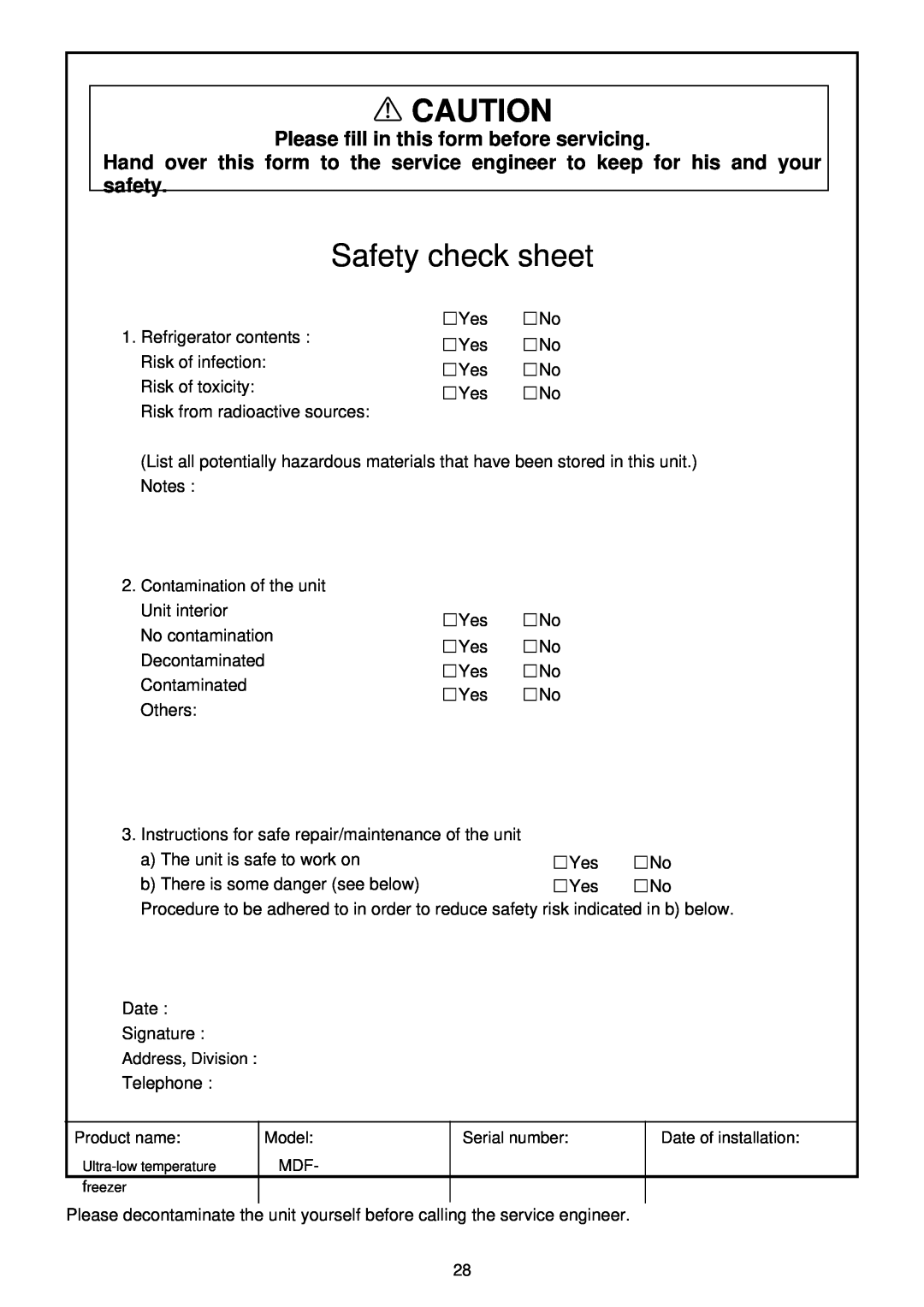 Sanyo MDF-793AT, MDF-593AT instruction manual Safety check sheet, Please fill in this form before servicing 