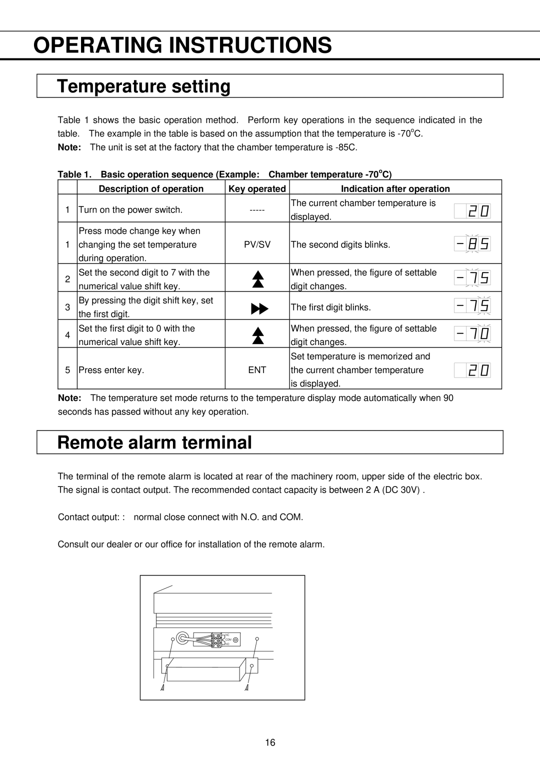 Sanyo MDF-593C, MDF-793C instruction manual Operating Instructions, Temperature setting, Remote alarm terminal 