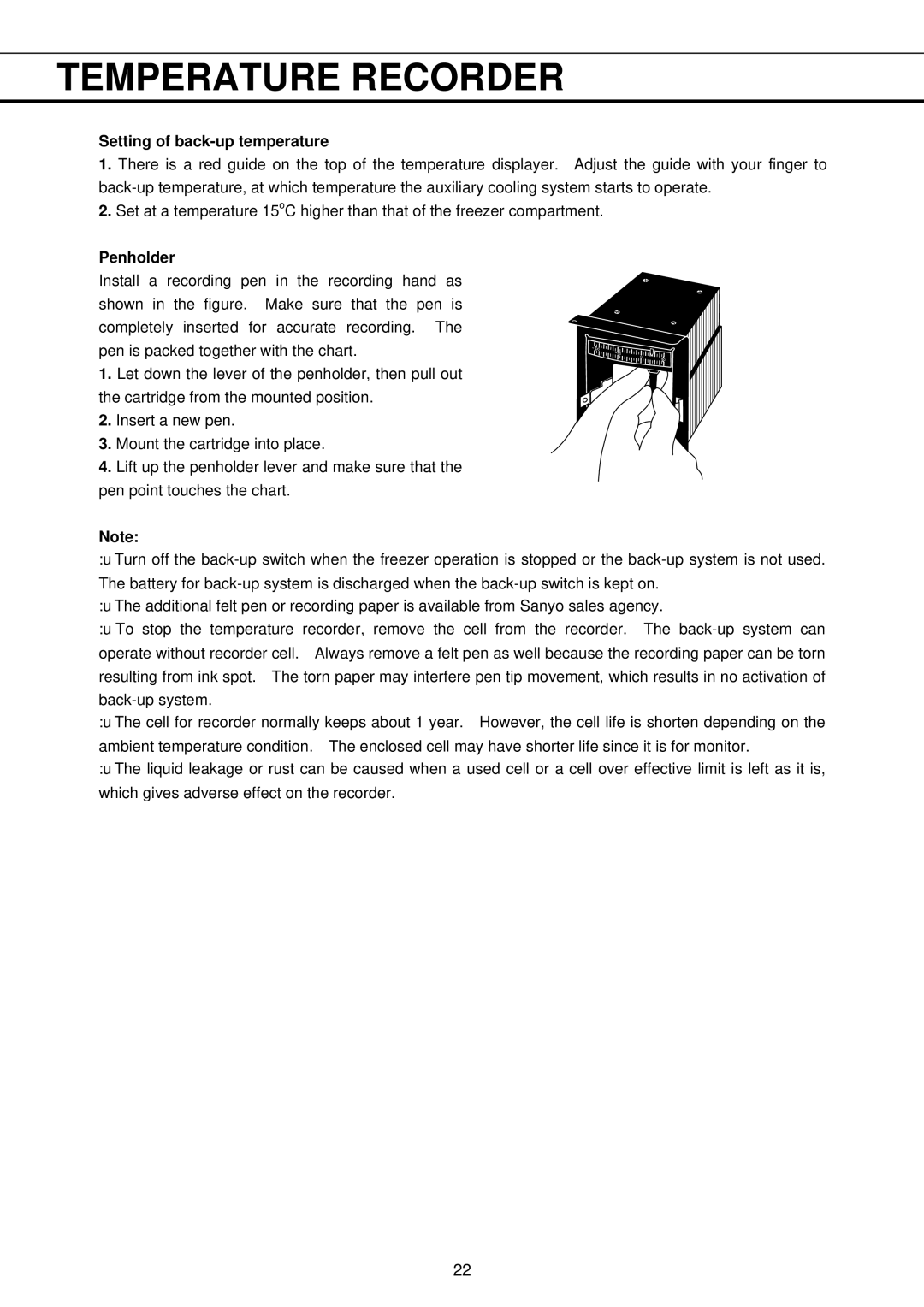 Sanyo MDF-593C, MDF-793C instruction manual Setting of back-up temperature, Penholder 